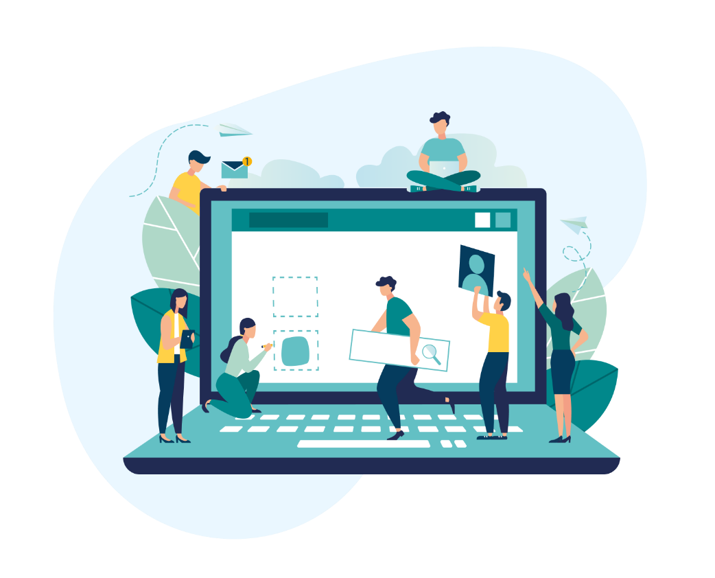 Illustrazione di sei persone che collaborano su un grande laptop, interagendo con elementi digitali come email, icone e impostazioni.