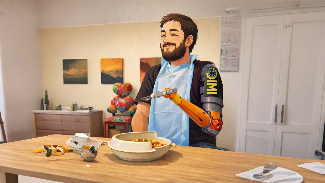 uomo che si alimenta con braccio meccanico