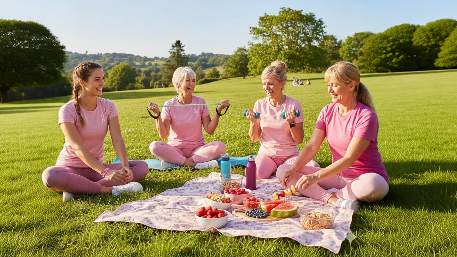 gruppo di donne sedute sul prato che parlano allegramente mangiando cibi sani: frutta, verdura e facendo esercizio fisico.