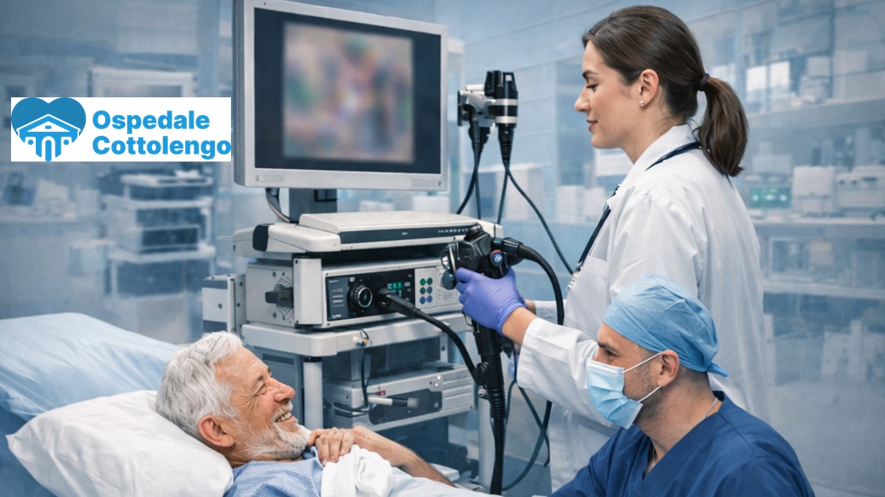 Medici che stanno eseguendo una visita specialista con strumento endoscopico a paziente.